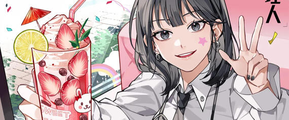 my wife qiao ling looking at the camera while doing a peace sign on her right hand and holding a strawberry smoothie on her left hand